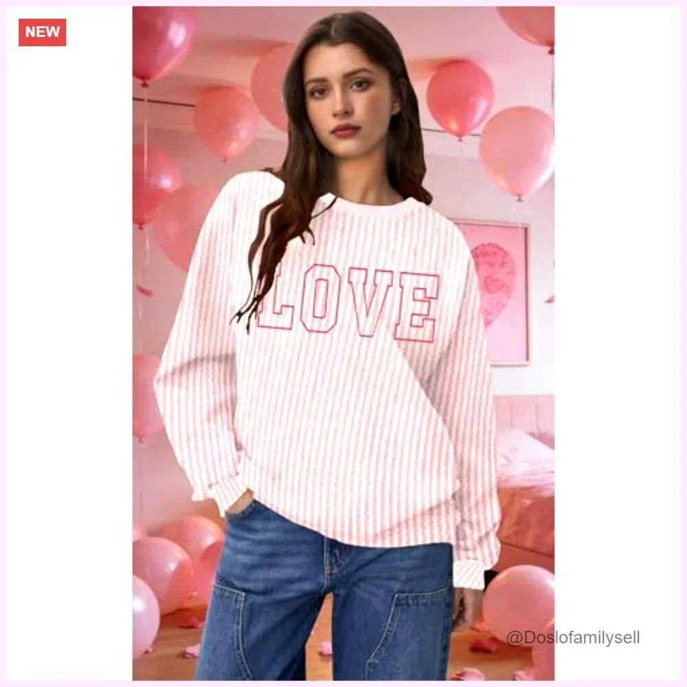 Love Embroidered Sweatshirt Women's Lightweight Pullover Valentine Casual Top
